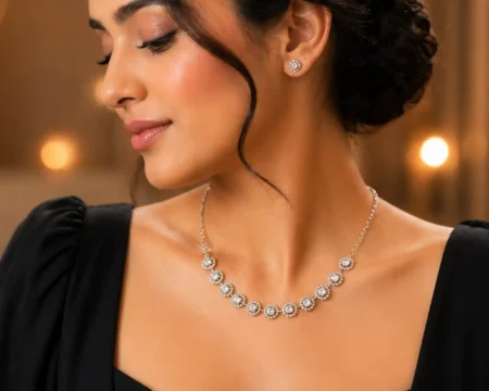 Silver Plated Cubic Zirconia Necklace with Stud Earrings for Girl's & Women's