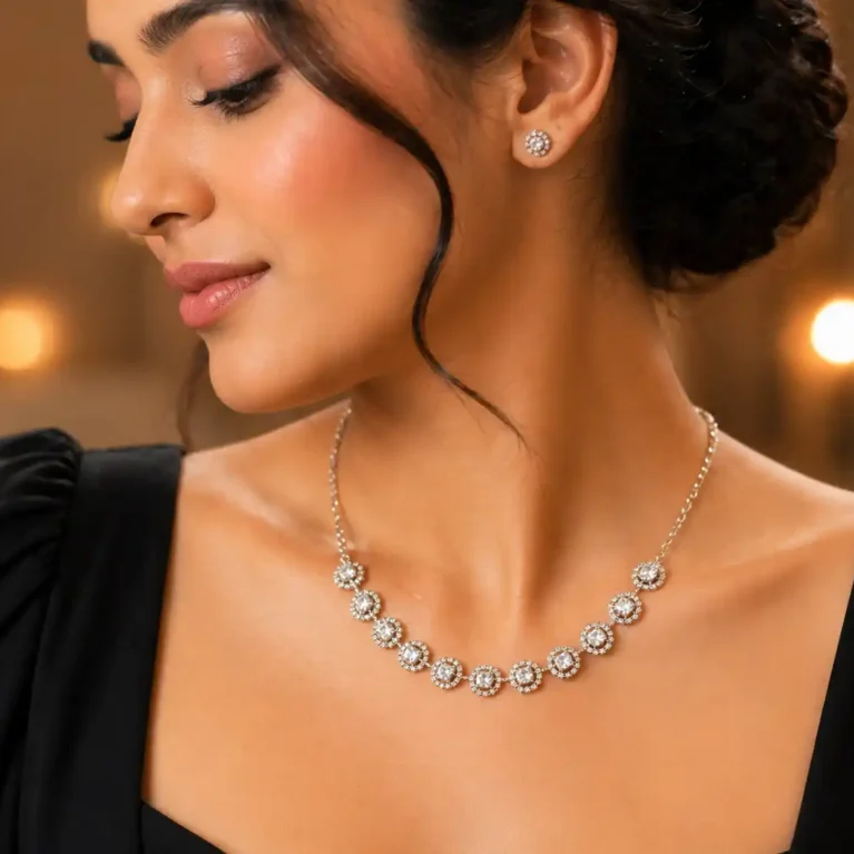 Silver Plated Cubic Zirconia Necklace with Stud Earrings for Girl's & Women's