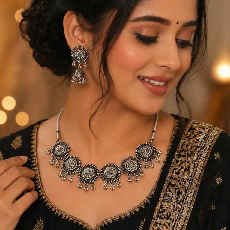 Oxidized Silver Traditional Choker Necklace Set with Jhumka Earrings for Women & Girls