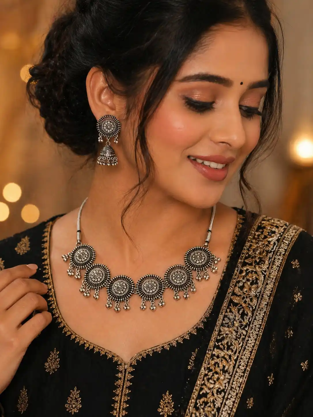 Oxidized Silver Traditional Choker Necklace Set with Jhumka Earrings for Women & Girls