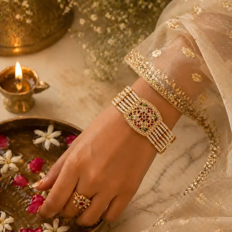 Gold Plated Kundan Pearl Multi-Layer Bracelet for Women's