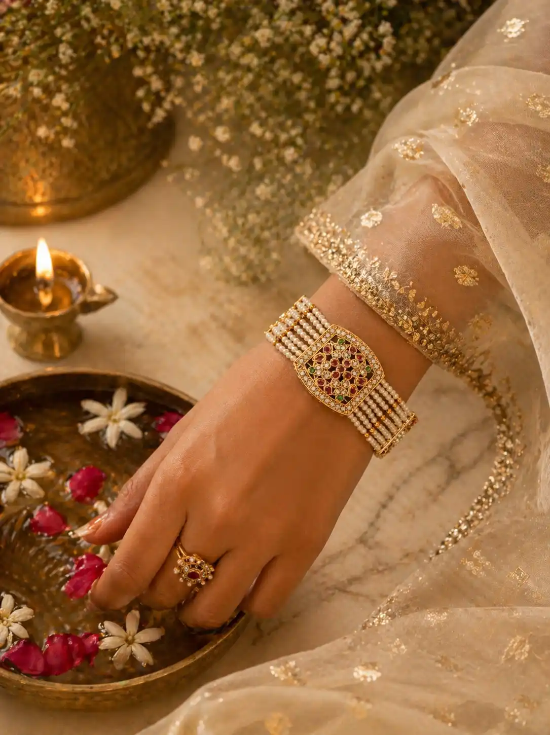 Gold Plated Kundan Pearl Multi-Layer Bracelet for Women's