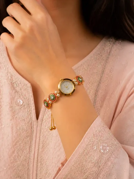 Gold Plated Meenakari Pearl Bracelet Analog Watch for Women's