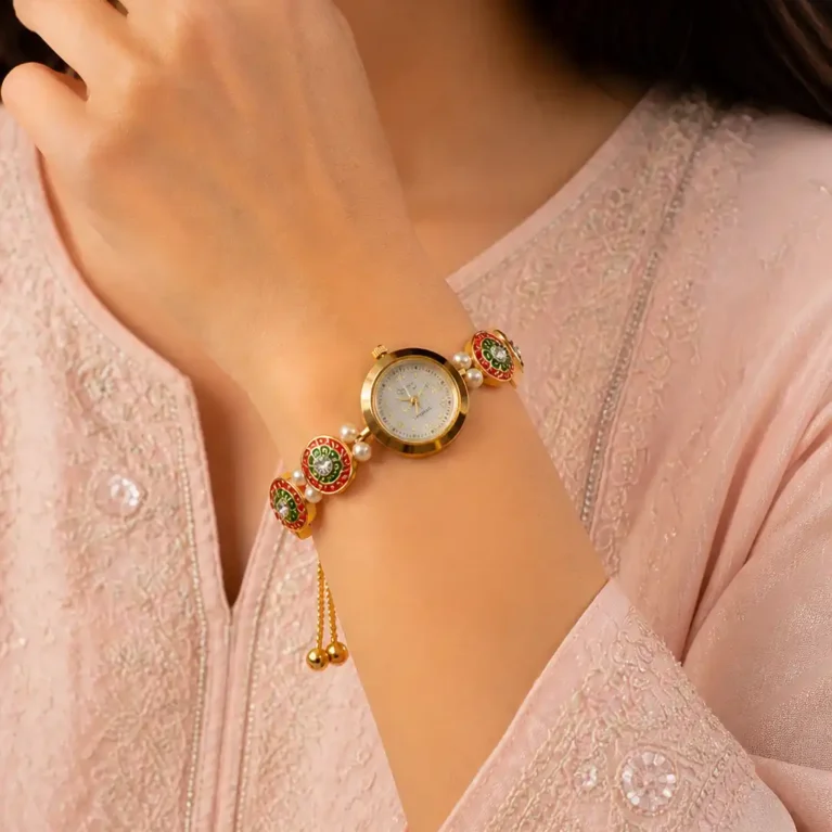 Gold Plated Meenakari Pearl Bracelet Analog Watch for Women's
