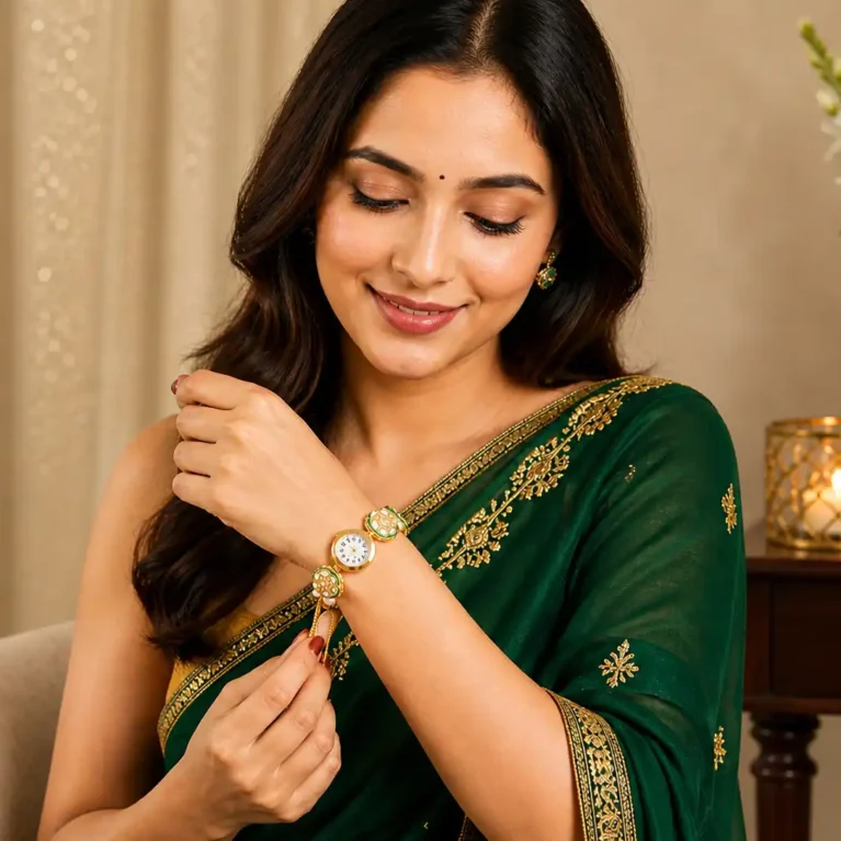 Women's Ethnic Gold-Plated Kundan & Pearl Bracelet Analog Watch