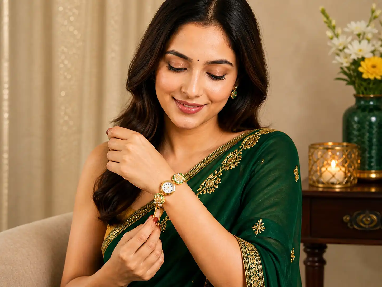 Women's Ethnic Gold-Plated Kundan & Pearl Bracelet Analog Watch
