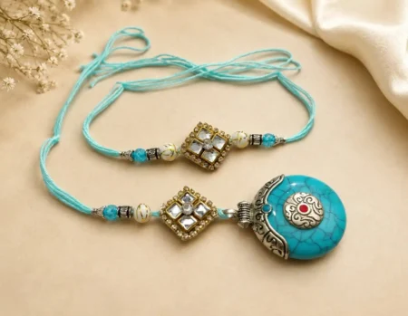 Handmade Bhai Bhabhi Rakhi Set with Designer Lumba Rakhi