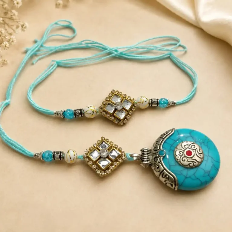 Handmade Bhai Bhabhi Rakhi Set with Designer Lumba Rakhi