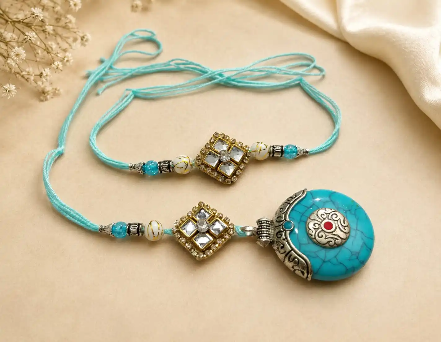 Handmade Bhai Bhabhi Rakhi Set with Designer Lumba Rakhi